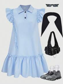 SHEIN Tween Girls Collared Partial Button Front Ruffled Sleeve A-Line Dress - Blue - View 5