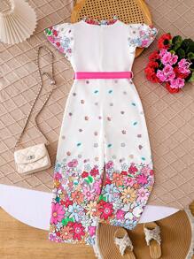 Tween Girl Plant Print Ruffle Hem Jumpsuit - Multicolor - View 2