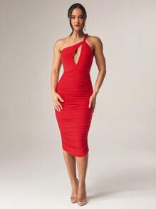 Silquee 女士性感纯色镂空单肩露背褶饰修身中长连衣裙，夏季 - 紅色 - 查看 1