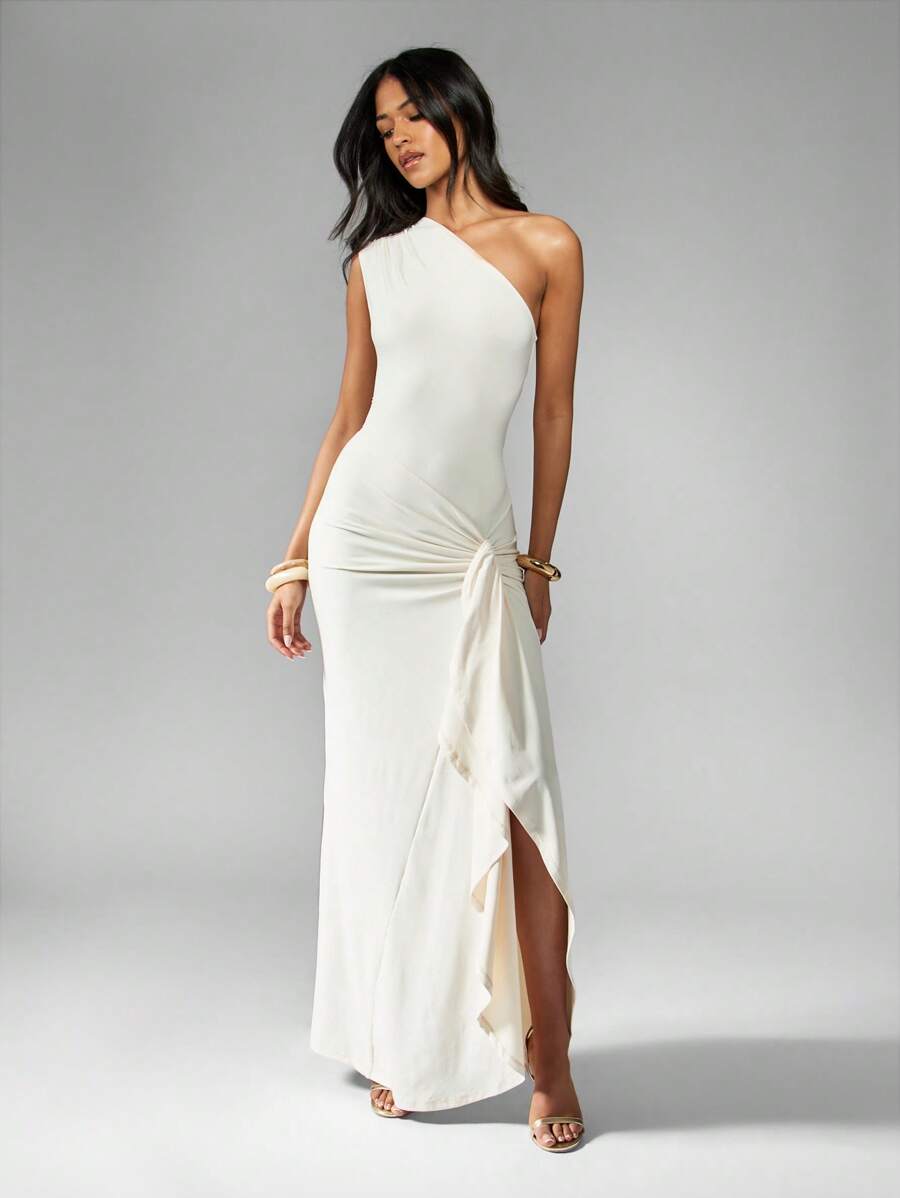 MISSGUIDED Váy Maxi Một Vai Jersey Ruched Side Formal Evening Dress Khách dự tiệc cưới Dịp đặc biệt Draped Side Split Cinched Eo Empire Gathering Party - Màu be - Xem 1