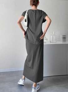 FRIFUL 女士V领T恤和A字裙两件套，休闲纯色，夏季家居服套装 - 灰色 - 查看 5