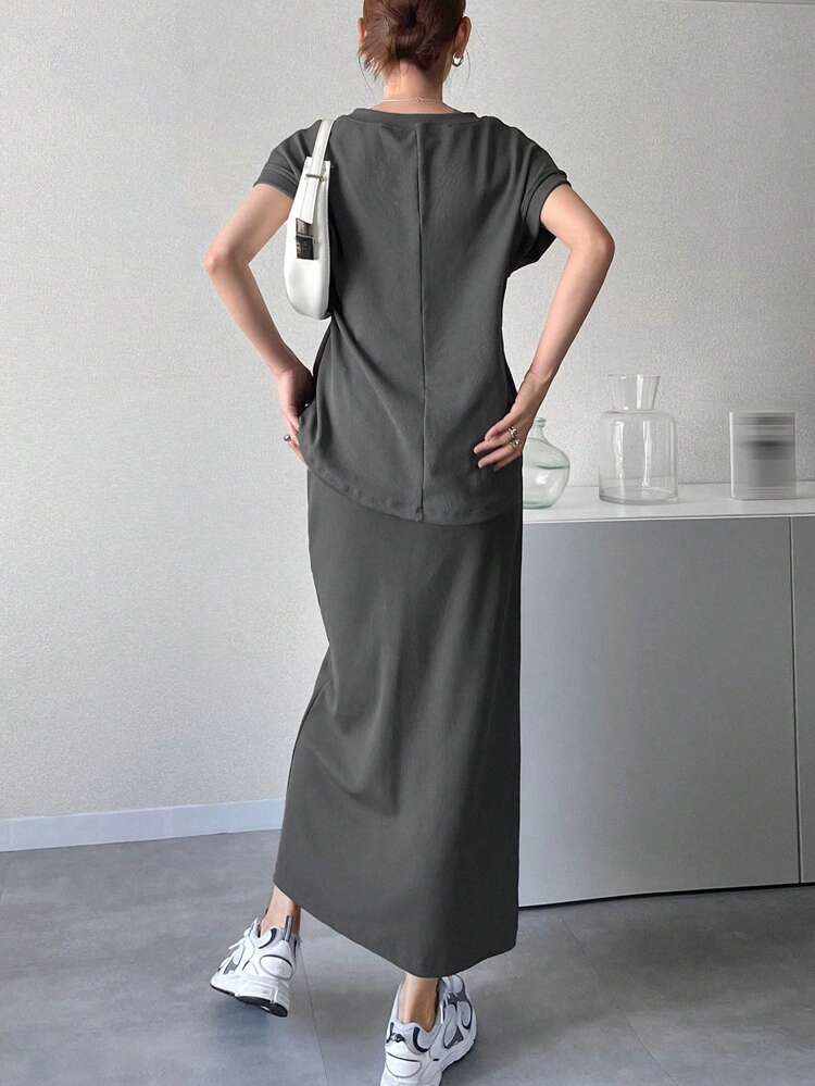 Women's Summer Casual Solid Color T-Shirt And Tie-Waist Wrap Skirt 2-Piece Set
