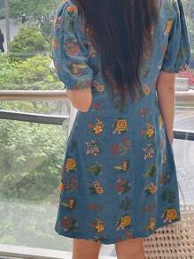 DAZY V-Neck Bow-Decor Short Sleeve Floral Embroidery Elegant Mini Dress For Women, Summer Vacation - Blue - View 2