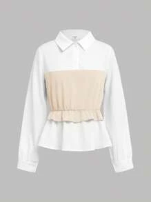 SHEIN Girlism Elegant Apricot Patchwork White Blouse Ruffled Long Sleeve & Wide Leg Pants Two Pieces Outfit, Vintage Style, Multi-Purpose Casual Wear For Teen Girls