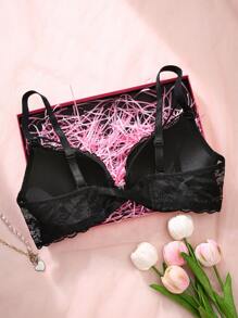 SHEIN 性感浪漫休闲舒适前扣蕾丝加大码钢圈文胸，提升和增强，支撑性强，1 件 - 黑色 - 查看 2