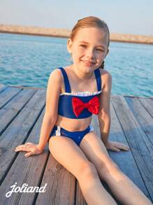 Joliand Joliand 2pcs/Set Young Girl Urban Elegant Red Halter Top With Navy Bow Decor And Sailor Anchor & Lighthouse Printed Swimsuit, Suitable For Pool, Beach, Summer