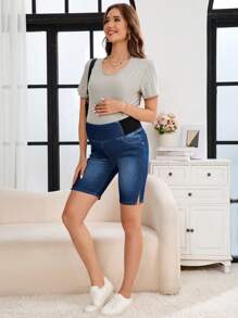SHEIN Maternity Comfy Washed Denim Shorts With Pockets And Side Slits - Dark Wash - View 6