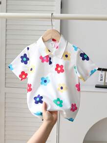 SHEIN Young Boy时尚花卉印花短袖Polo衫，适合春夏季休闲、度假、外出、拍照 - 白色 - 查看 1
