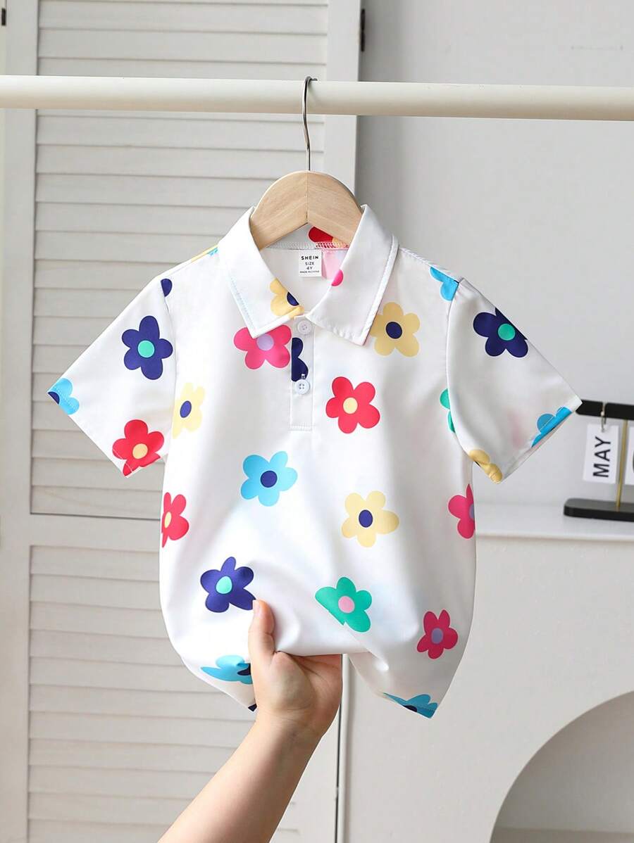 SHEIN Young Boy时尚花卉印花短袖Polo衫，适合春夏季休闲、度假、外出、拍照 - 白色 - 查看 1