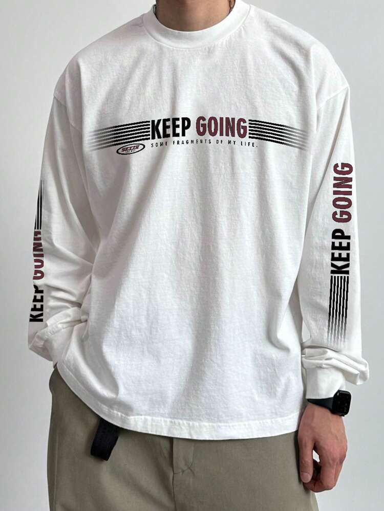 Letter Print White Men's Long Sleeve T-Shirt, Spring/Summer