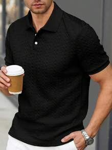 Manfinity Bizformal 男式米色条纹心形纹理休闲 Polo 衫 - 黑色 - 查看 1