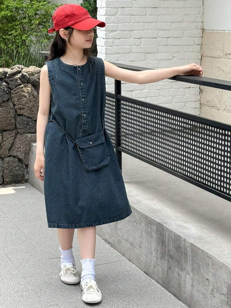 Tween Girl Crew Neck Sleeveless Denim Dress, Summer