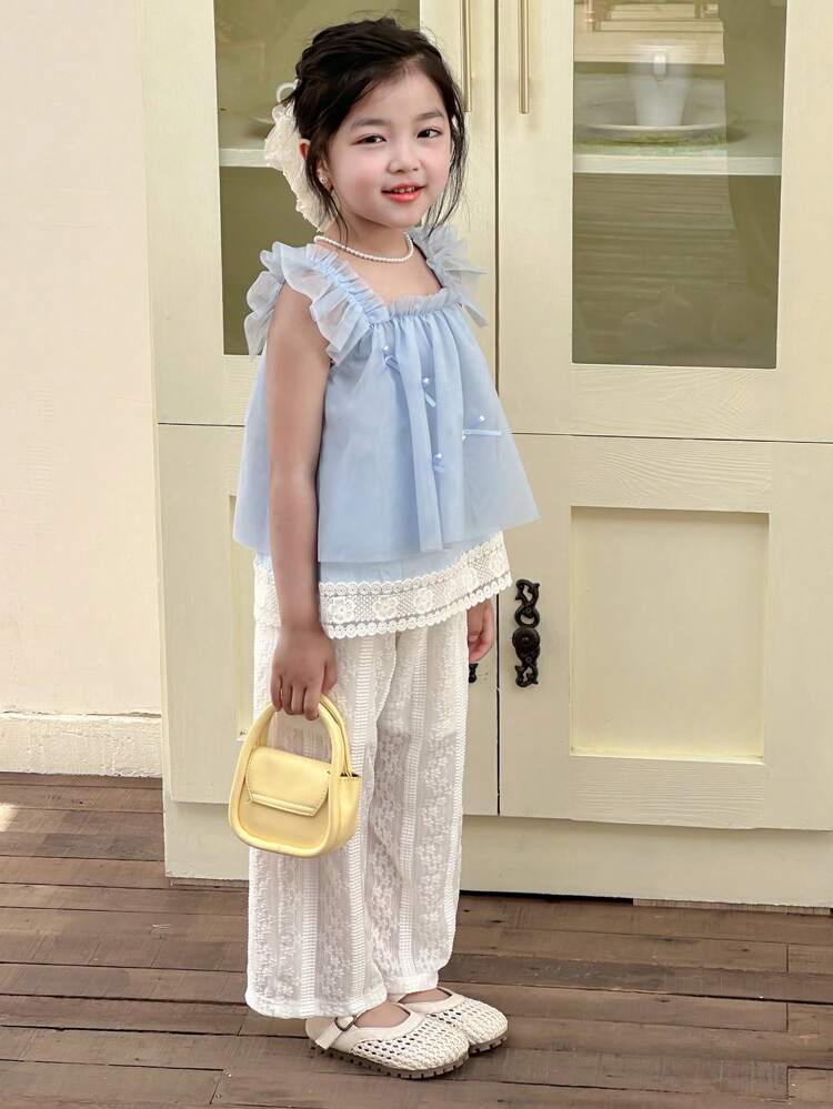 Young Girl Summer Cap Sleeve Mesh Blouse + Loose Solid Color Korean Style Long Pants 2pcs Set