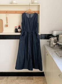 DAZY Women's Round Neck Casual Sleeveless Washed Denim Jumpsuit - Blue - View 4