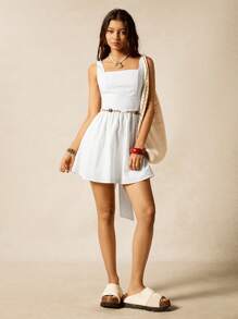 Easelle 荷叶边下摆棉质刺绣连衣裙 - 白色 - 查看 2