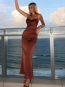 DAZY Robe sexy à lacets dans le dos affinant la taille, nouvelle arrivée. Robe longue à bretelles spaghetti pour soirée, tenue de croisière pour femmes - Taupe - Voir 7