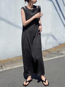 FRIFUL 女士纯色纹理镂空两件套长裙，夏季无袖连衣裙，毕业典礼 - 灰色 - 查看 6