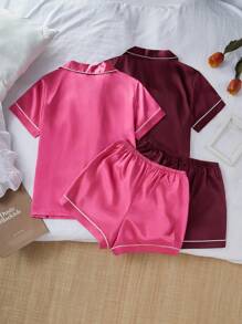 SHEIN 4-Piece Faux Silk Pajama Set With Collar Cardigan, Short Sleeve And Shorts - Multicolor - View 2