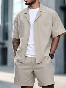 Manfinity Homme Men's Solid Color Short Sleeve Single-Breasted Pocket Shirt And Shorts Set, Summer - Beige - View 1