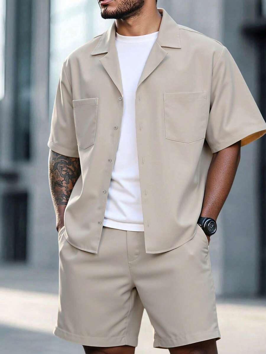 Manfinity Homme Men's Solid Color Short Sleeve Single-Breasted Pocket Shirt And Shorts Set, Summer - Beige - View 1