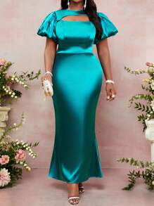 SHEIN Lady Plus Size Women Solid Color Hollow Out Short Puff Sleeve Bodycon Fishtail Elegant Dress Cruise Outfits Women - Teal Blue - View 1