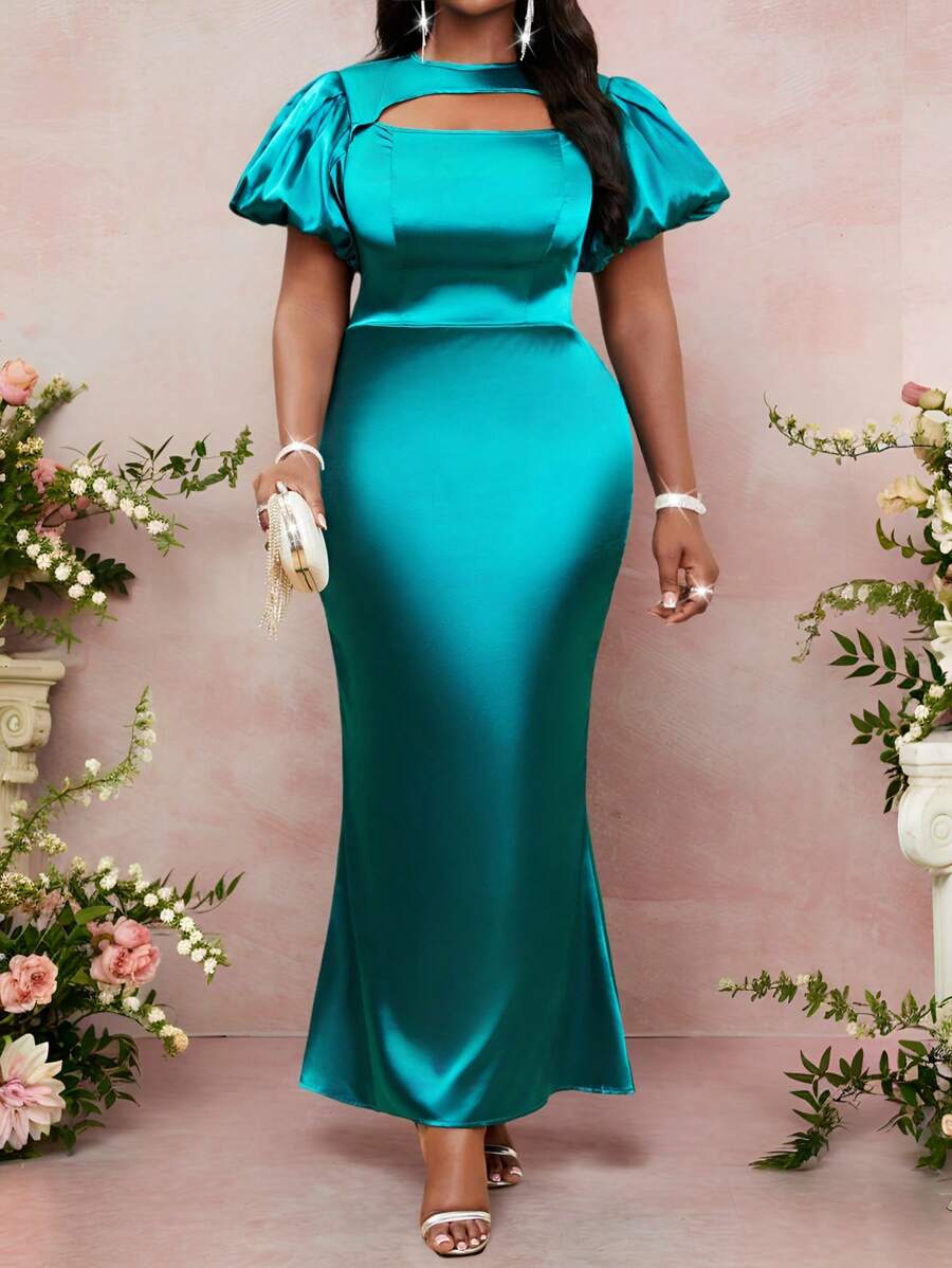 SHEIN Lady Plus Size Women Solid Color Hollow Out Short Puff Sleeve Bodycon Fishtail Elegant Dress Cruise Outfits Women - Teal Blue - View 1