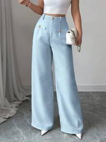 SHEIN PETITE Pantalones anchos de pierna ancha con textura de tejido de unicolor y hebilla de metal, moda para ir y venir a la oficina, pantalones versátiles para mujer, ropa de verano y otoño para mujeres - Azul - Ver 6