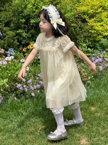 DAZY Girls Lace Trim Short Sleeve Mesh Summer Dress, Toddler Size