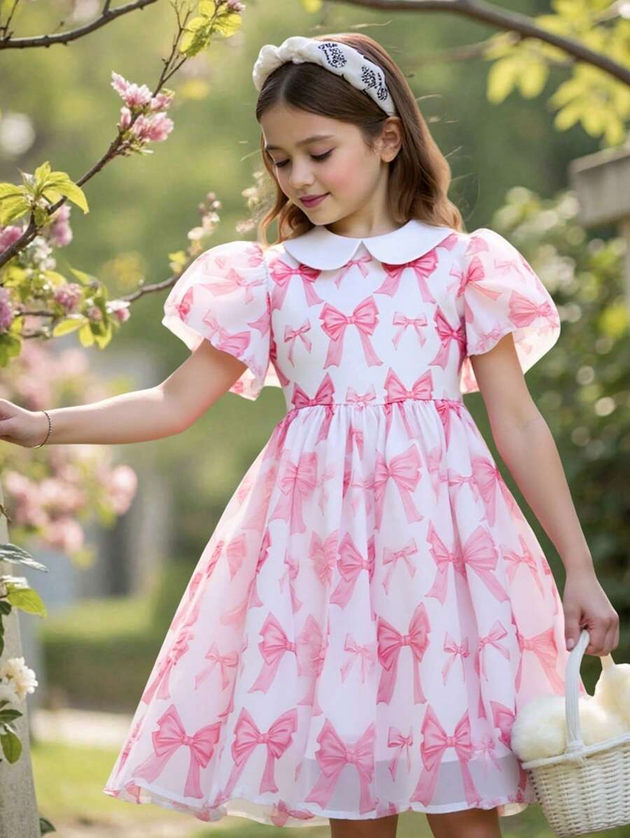 Robe à manches bouffantes style vintage pour préadolescentes, col Peter Pan, imprimé papillon en mousseline, douce - Rose bonbon - Voir 1