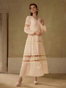 MOTF PREMIUM VESTIDO CON VOLANTE DE ENCAJE DE CONTRASTE - Rosa - Ver 1