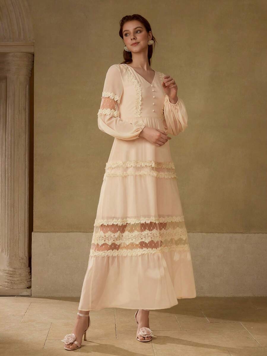 MOTF PREMIUM VESTIDO CON VOLANTE DE ENCAJE DE CONTRASTE - Rosa - Ver 1