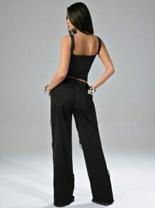 Denimoi Distressed Rhinestone Net Denim Jeans Straight Leg Jeans Sheer Mesh Rhinestone Fashionable Concert Outfits Concert Bottoms - Black - View 6