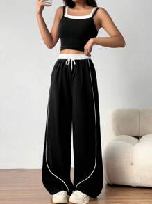 Sparklyn 2pcs/Set Teenager Street Style Casual All-Match Versatile Sports Sleeveless Tank Top + Contrast Trim Loose Fit Pants - Black and White - View 4
