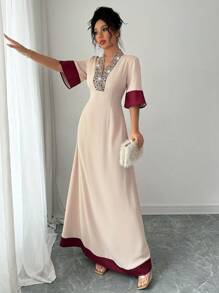 SHEIN PETITE V-Neck Contrast Color Block Sequin Embellished Cinched Waist Long Dress, Elegant And Chic French Style For Summer