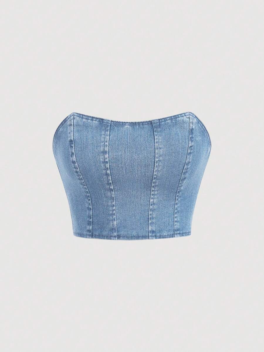 SHEIN MOD 拉链后背牛仔布夏季紧身胸衣上衣 - 中等水洗藍 - 查看 1