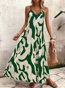 Breezaya Women's Printed A-Line Loose Vacation & Casual Sleeveless Dress - Green - View 4