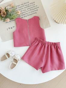 Young Girl Sleeveless Solid Color Top And Shorts 2 Pieces Set - Pink - View 2