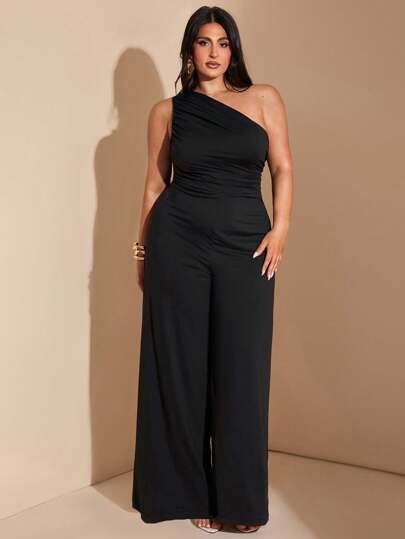 SHEIN BAE Plus Size Women's Summer Beach Vacation Elegant Solid Black Asymmetrical Collar Off-Shoulder One-Shoulder Jumpsuit, Suitable For Daily Dating, Night Out, Nightclubs, Parties, Get-Togethers, Cocktail Parties, Pool Parties, Office Wear, Commuter Jumpsuits, Holiday Jumpsuits,4th Of July Dress,4th Of July Clothes,Vacation Outfits Woman,Rompers For Women,Off The Shoulder ,Western Wear Women,Office Outfits For Women,Women Summer Clothes,Graduation