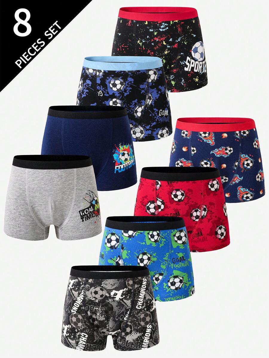 8pcs/Pack Toddler Tween Boy Cotton Colorful Football Printed Boxer Briefs, Multipurpose Underwear All Seasons Back To School Fashion - Multicolor - View 1