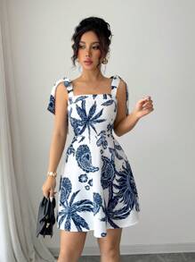Elenzga Vestido mini de línea A de cintura ceñida con estampado abstracto elegante para mujeres