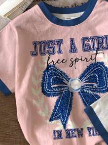 SHEIN Leap Crew 青少年女孩 3 件套，休闲简约设计，星星蝴蝶结印花图案短袖圆领 T 恤，夏季休闲时尚个性上衣，儿童日常穿着 - 彩色 - 查看 5