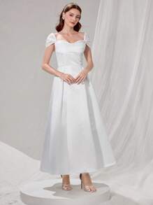 Poshira Women's Sequin Heart Neck Luxurious Satin Ball Gown Party Dress Luxurious Women's Evening Dresses Soft Dress White Prom Dress - White - View 5