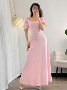 Firerie 女士优雅奢华浪漫舞会礼服婚礼宾客节日甜心领水钻装饰泡泡袖蝴蝶结露背 A 字长裙，粉色 - 粉色 - 查看 7