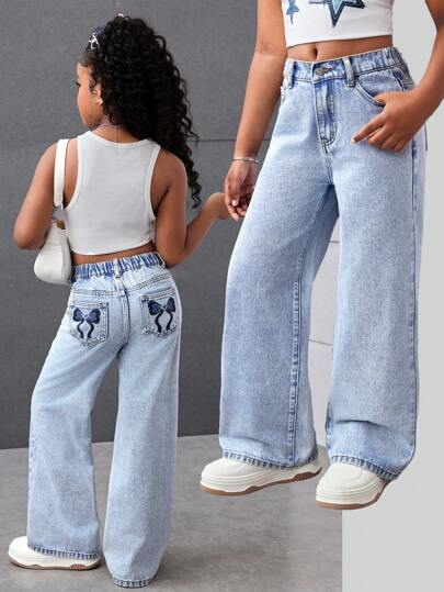 Tween Girls Y2K Mode Ljustvättade Baggy Denim Raka Jeans Byxor med Söta Fickor, Rosetttryck, Dekorerade Fickor, Flickors Sommarstrand Boho Semester Shorts, Sommarkonsert Festival Casual Rave Outfits, Flickors Sommarbrunch Kyrka Examensoutfits