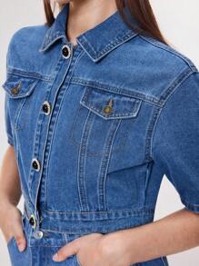 SHEIN BAE 夏季新款时尚百搭牛仔夹克，带假口袋和水钻纽扣设计，优雅女式外套 - 藍色 - 查看 4