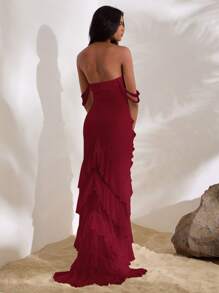 Opulessa 1 件女式纯色针织网眼短款上衣开衩修身荷叶边下摆连衣裙