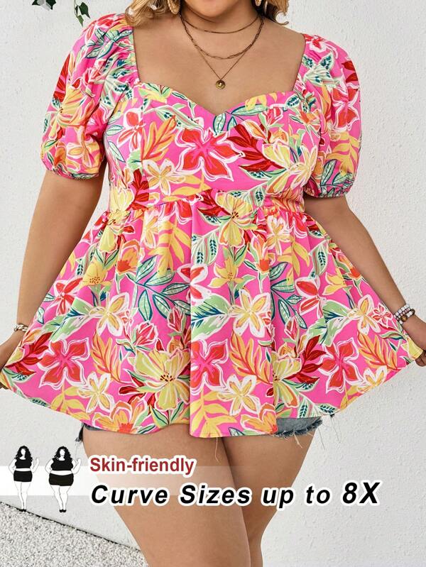 SHEIN CURVE+ Women's Plus Size Elegant Vacation Floral Print Puff Short Sleeve Blouse Shirt With Heart Collar,Curve Plus ,Hoho Vacationbeach Outfits For Woman/Beach Dress/Beach Vacation Outfits/Beach Essentials / Graduation/Tea Party Dresssummer/Country/Beach Vacation Outfits/Beach Outfits/Beach Wear