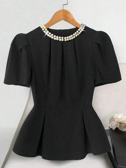 Franclia 女式褶皱优雅水钻装饰束腰黑色短袖衬衫