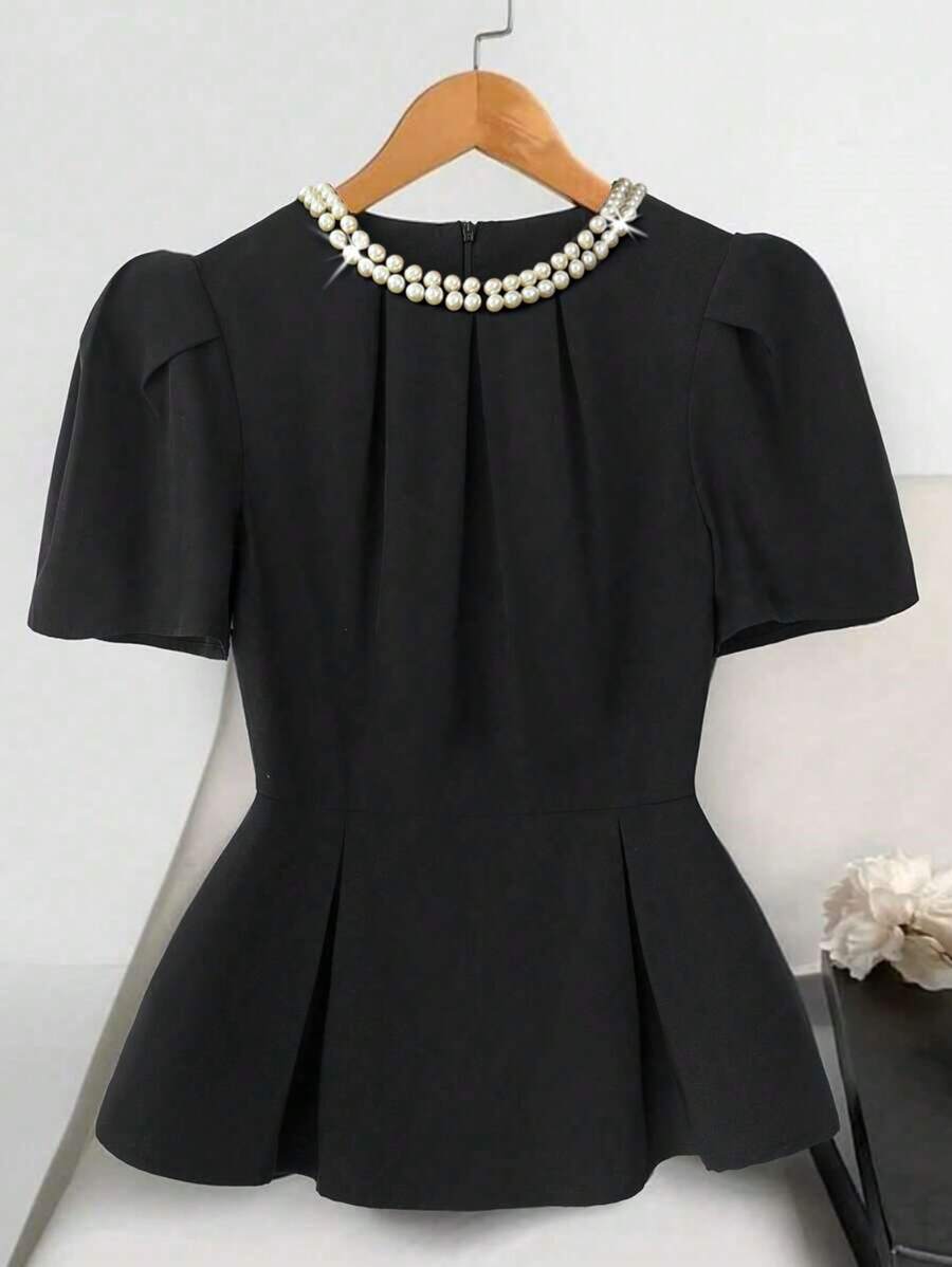 Franclia 女式褶皱优雅水钻装饰束腰黑色短袖衬衫