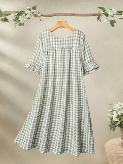 Rusticease Women's Plaid Short Dress, Fashionable For Summer European Summer Women's Summer Clothes Linen